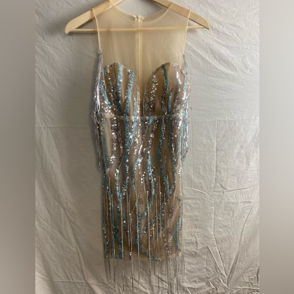 Festival rave burning man new years sequin nude rhinestone mini dress vintage